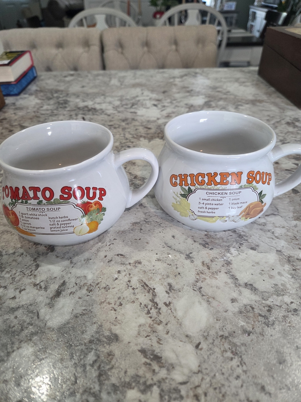 DDJ Recipe Soup Mugs VTG (Ceramic Set of 2) - Tomato, Chicken Cottagecore